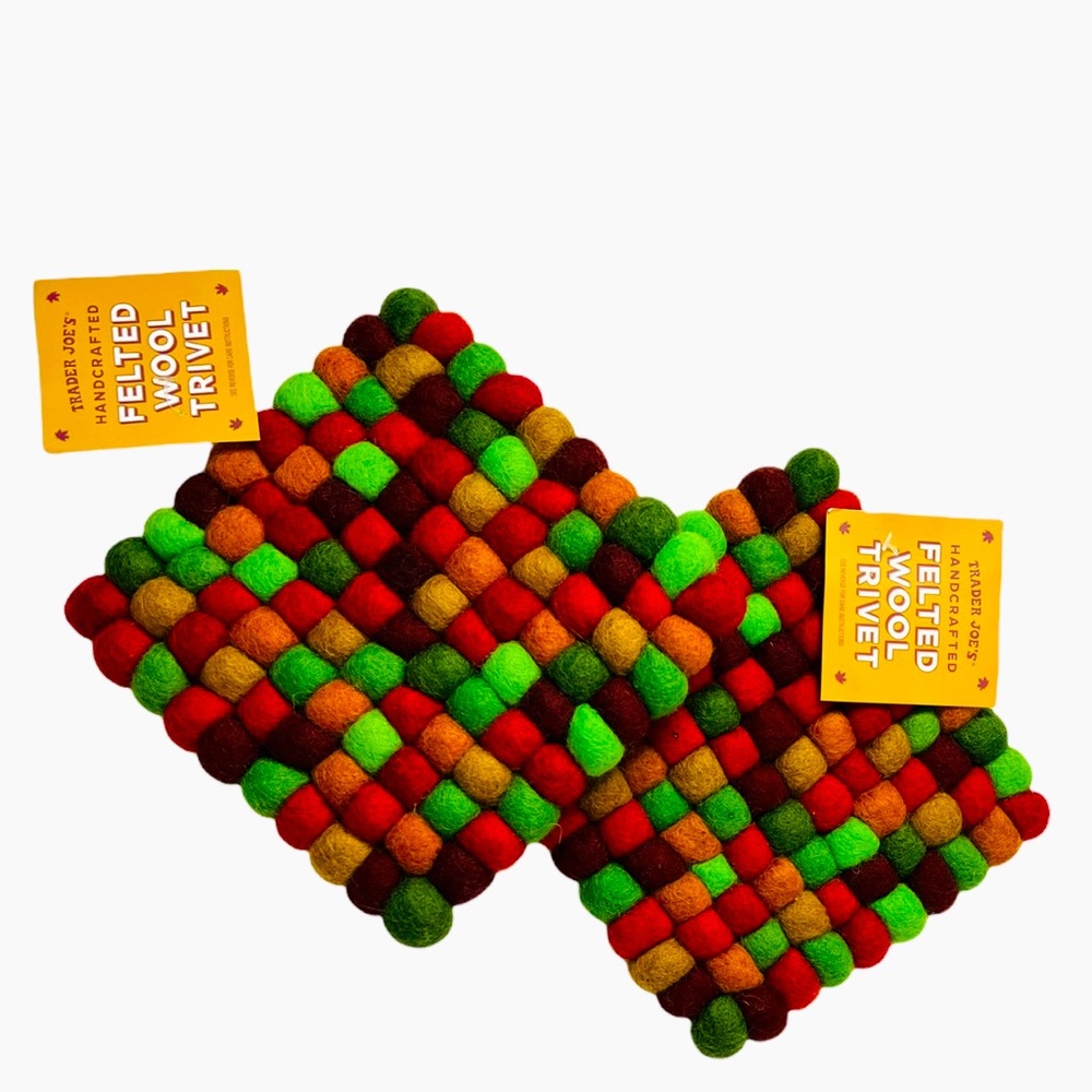 Trader Joe’s Felted Wool Holiday Trivets (Hot Pads), Red, Green, Orange, Maroon